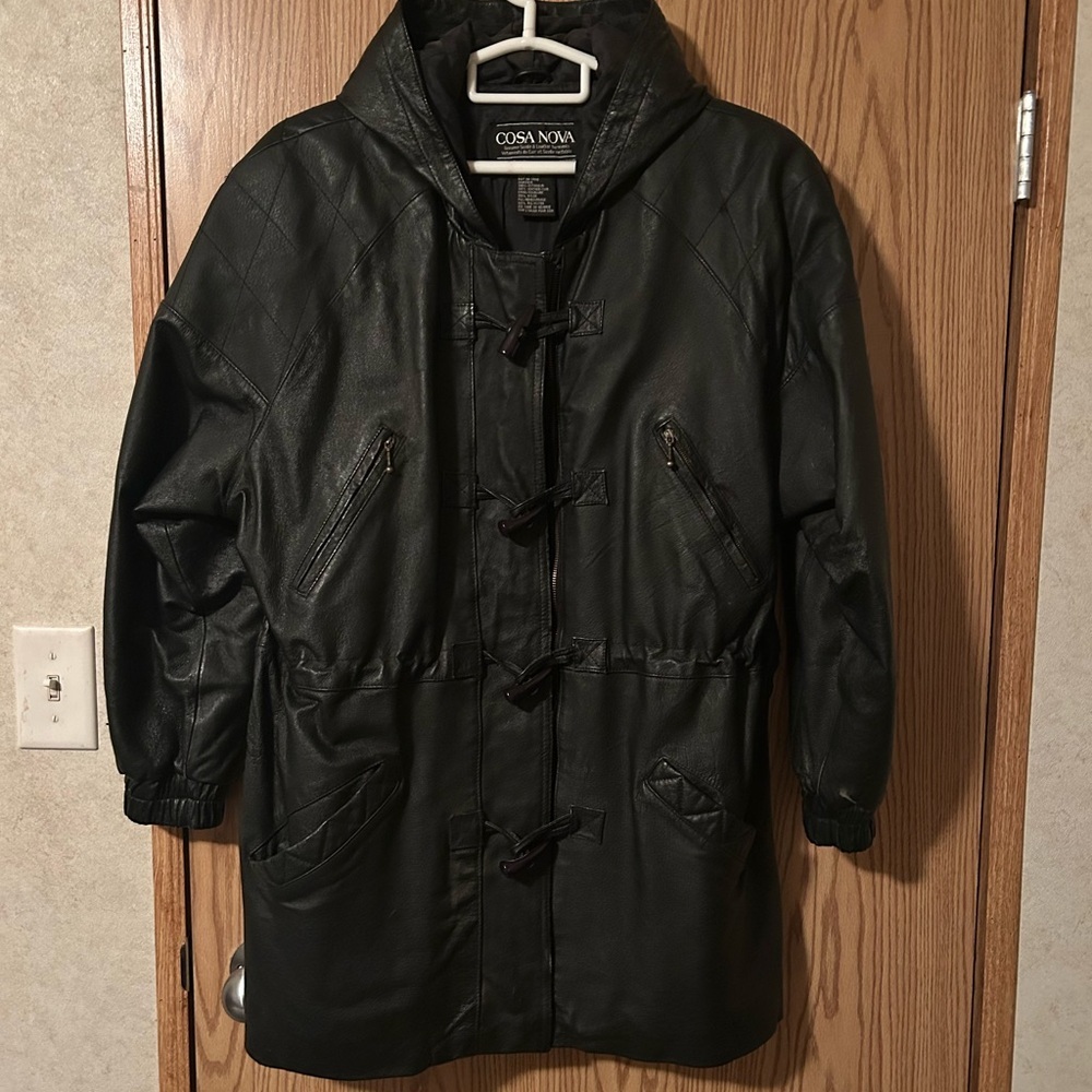 Cosa Nova Black Leather Hooded Duffle Coat Medium - Picture 2 of 13